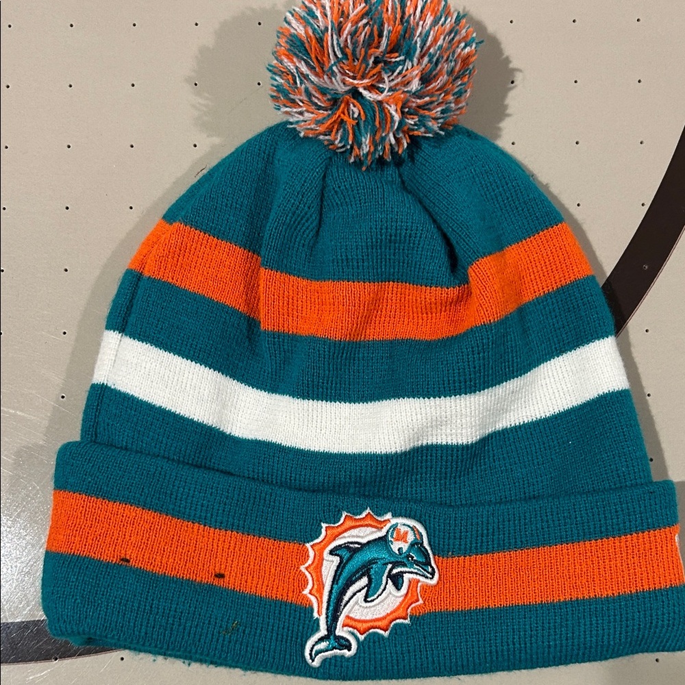 New Era Teal and Orange Striped Beanie with Pom-Pom